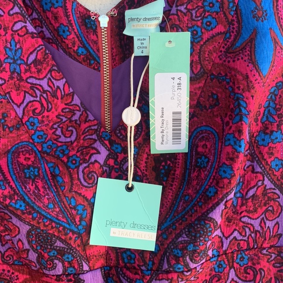 Plenty Dresses by Tracy Reese magenta blue paisley v neck/back cap sleeves - Picture 10 of 13